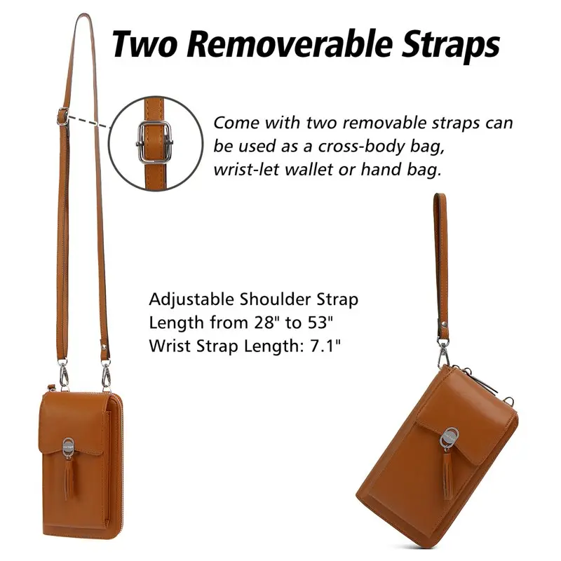 Crossbody Cell Phone Bag Wallet RFID Women's Wallet Small Tote Zipper Cell Phone Credit Card Wallet With Tassel (Brown)