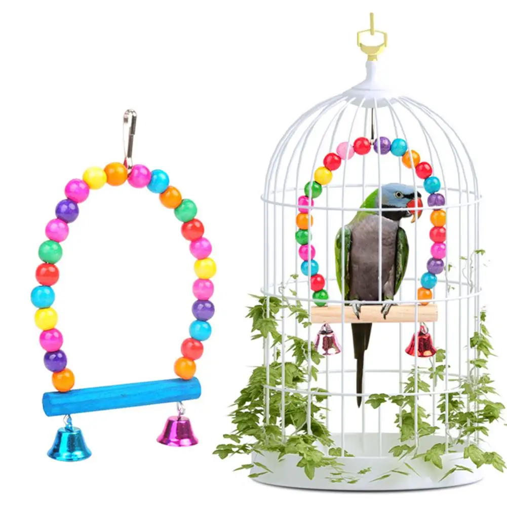 

Natural Wooden Colorful Hanging Swings Perch Stand Bird Supplies With Bells For Hamsters Gerbils Rats Parrots