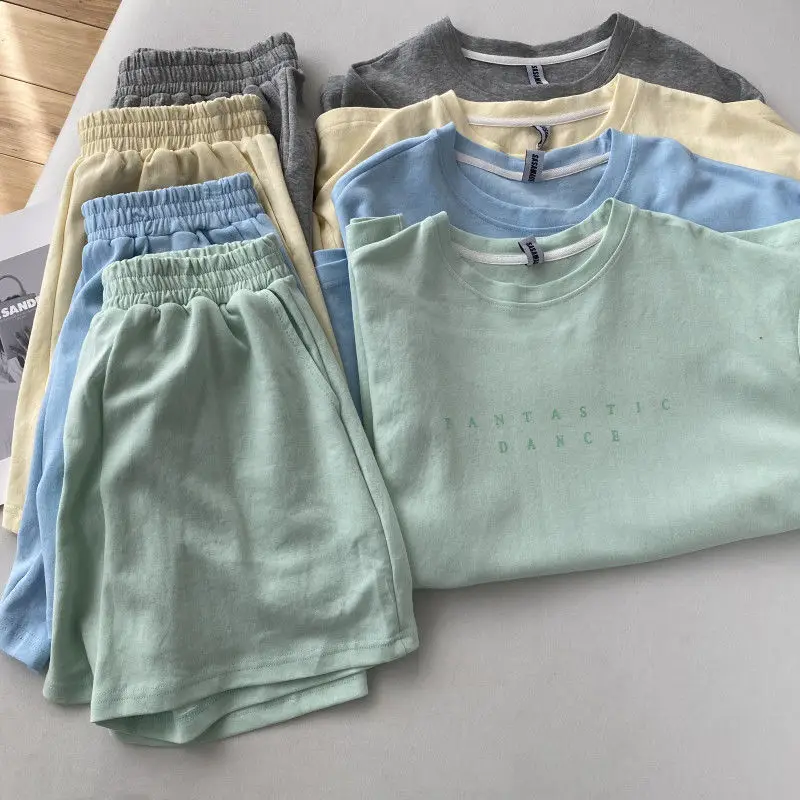 

Pajamas T-shirts Suits with Shorts Loungewear Pajamas Woman Summer Basic Casual Microfiber Sleepwear Negligee 2 Pieces Nightie