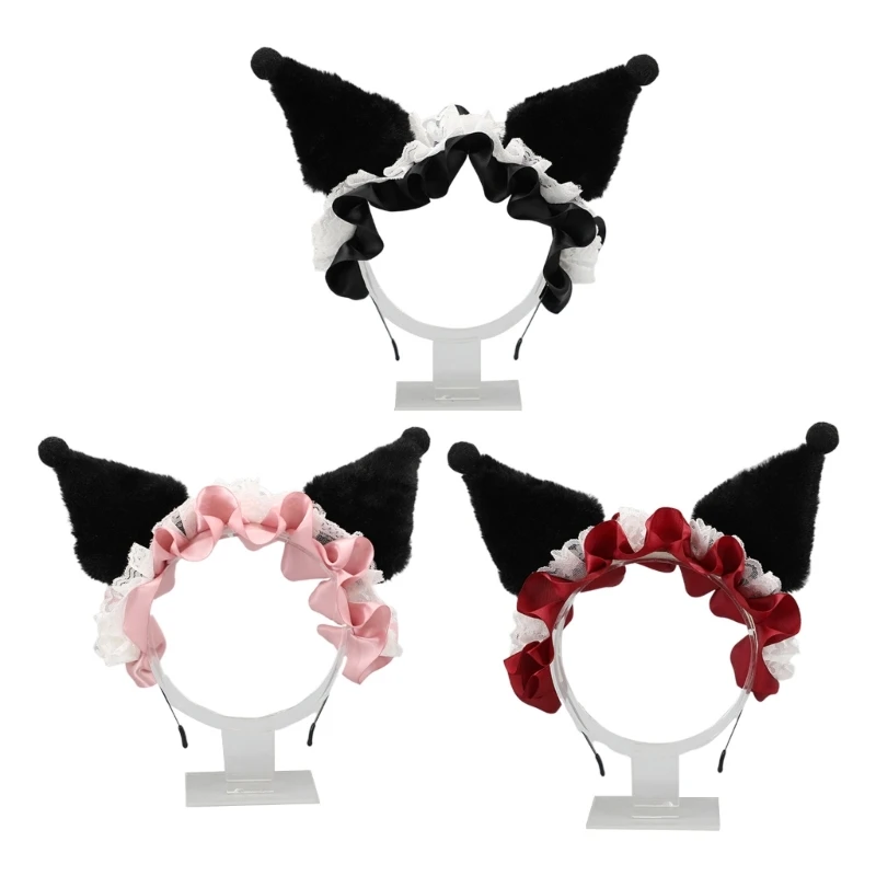 

Тиара с мультяшным рисунком для женщин и студентов, обруч для волос для фотосъемки, плиссированная Кружевная повязка на голову с ушками дья...