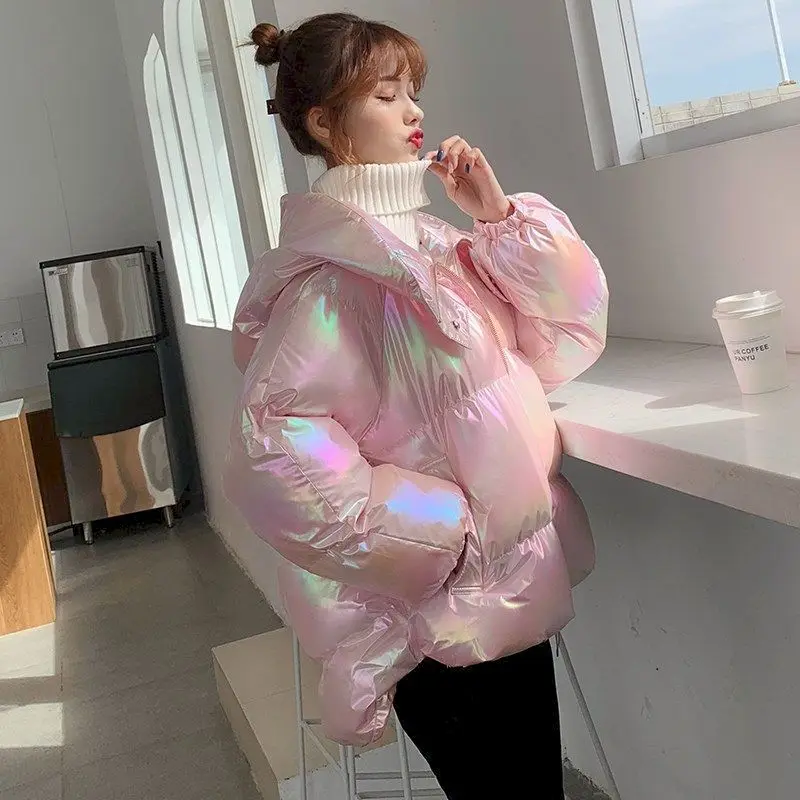 Women's 2021 Winter New Cotton-padded Clothes Wash-free Bright Loose Coat Cotton Jacket Women Short Colorful Hooded Padded Top