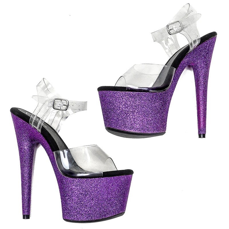 Leecabe 17CM/7inch Purple Glitter High Heel Sandals Lap-dancing Shoes High-Platform Sexy Pole Dancing Shoes  Dance Shoes