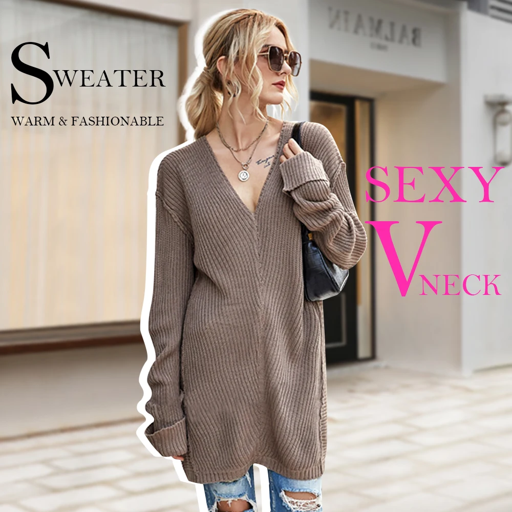 

Autumn Women V Neck Knitted Sweaters Loose Patchwork Pullover Long Sleeve Sweater Vogue Casual Solid Color Ladies Spring Jumper