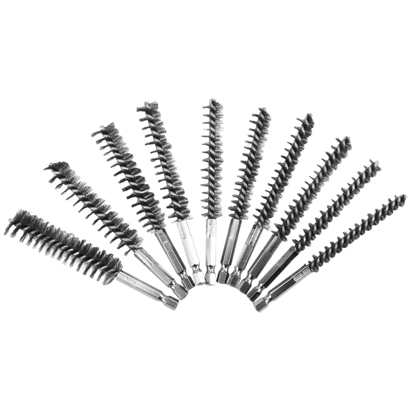 

10Pcs Stainless Steel Bore Brush In Different Sizes 1/4Inch Hex Shank,Wire Brush Attachment For Drill Set