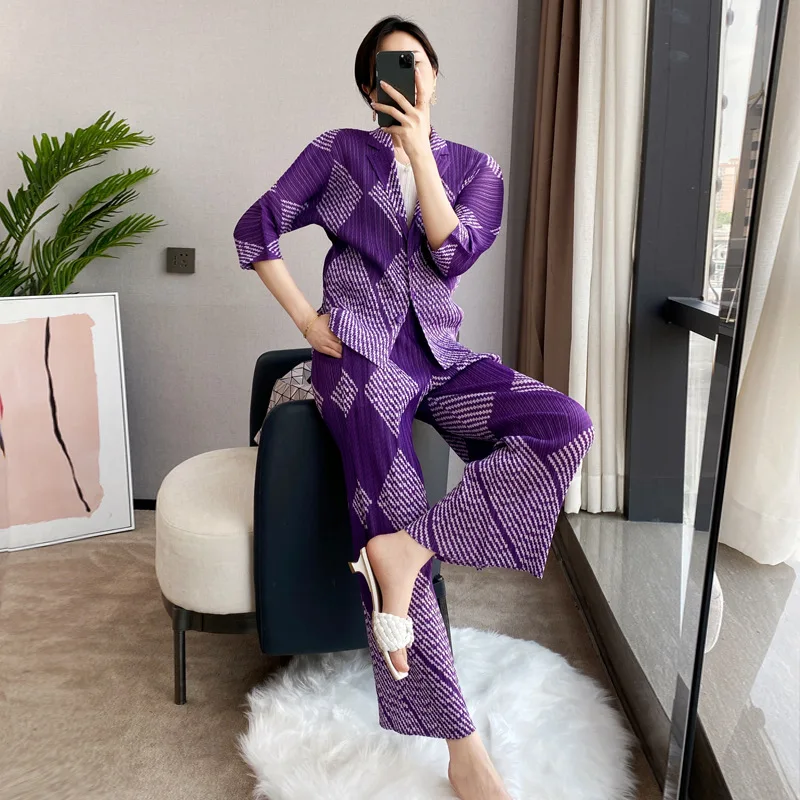 Women's argyle print blazer for spring/summer 2022 46/5000  Miyak fold Fashion baggy plus size blazer + straight pant suit