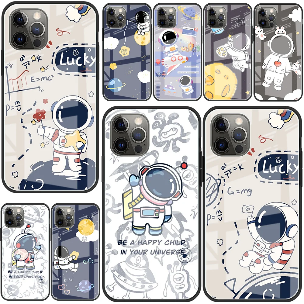 

Star Astronaut Glass Case For Apple iPhone 13 Pro 11 12 7 8 Plus SE 2022 XR X XS Max 6 6S Tempered Phone Cover