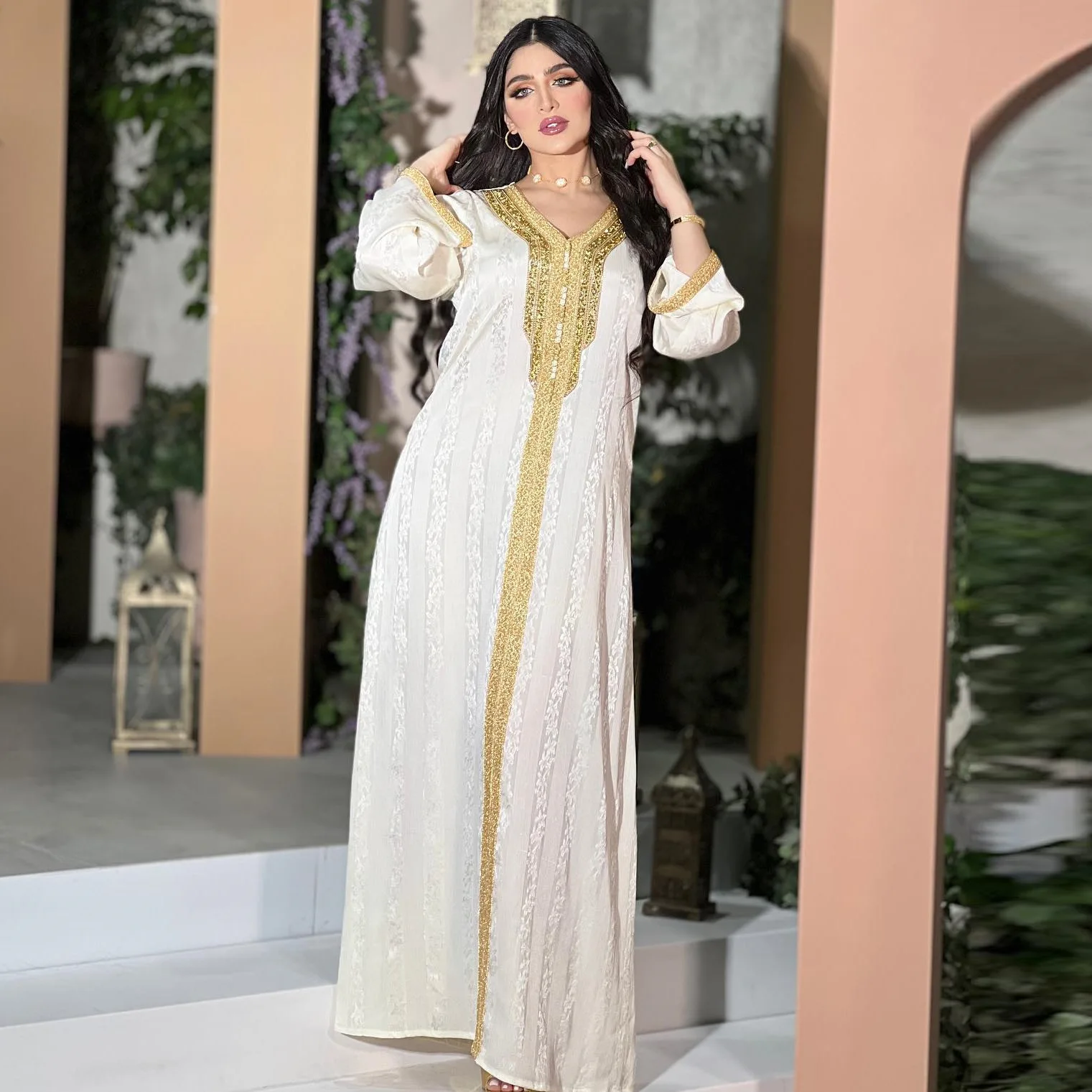 Amaya Spring 2023 Women's Hot Diamond Lace Robe Muslim White Satin Jacquard Dress with Underwear Long Muslim Dresses