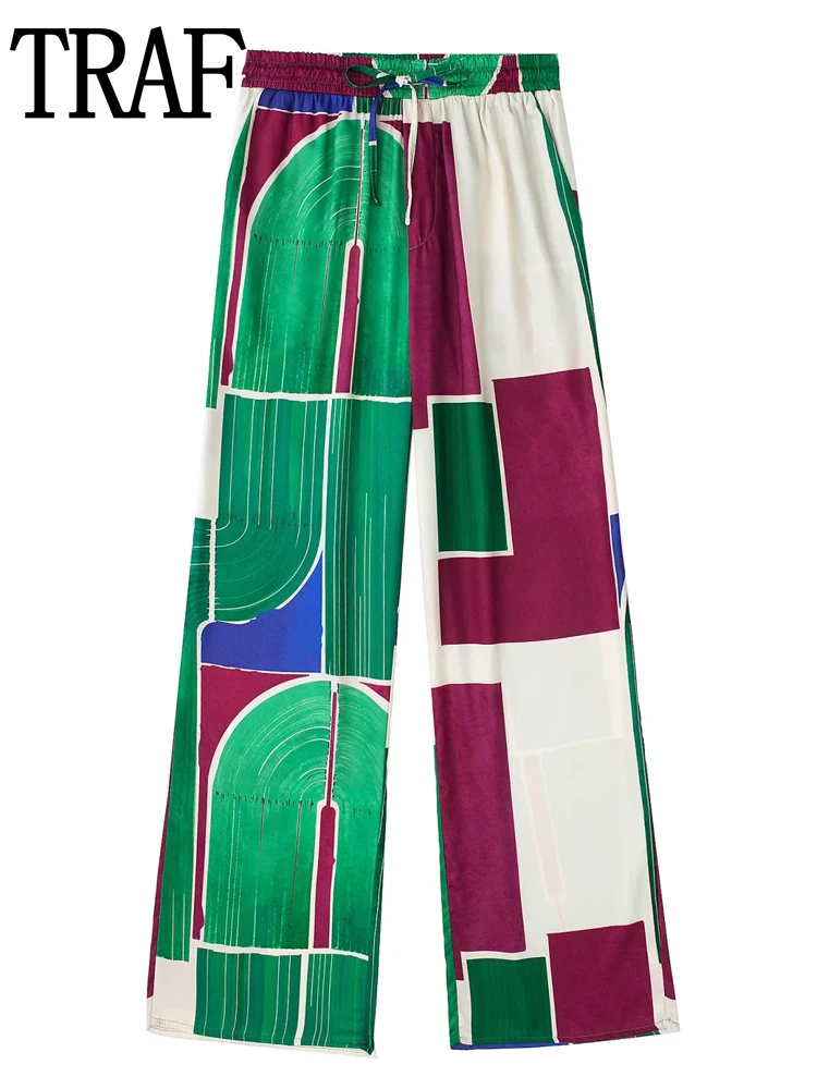 

Брюки TRAF женские с принтом, зеленые повседневные мешковатые Широкие штаны с завышенной талией, винтажные прямые брюки, на лето
