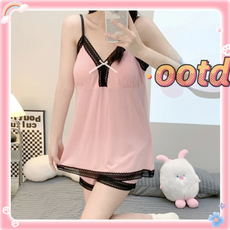 Women's Pajamas Pure Desire Style Summer Lace Decoration Sexy Home Service Suit Korean Version of  V-neck Sling Shorts Sleepwear