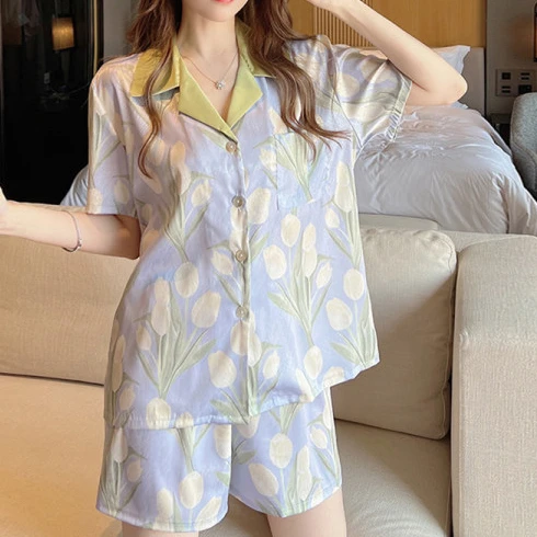 2023 Summer Women's Pajamas Set Ice Silk Korean Top Shorts 2 Pieces Sleepwear Sets Female Household Clothes Pajama for Ladies
