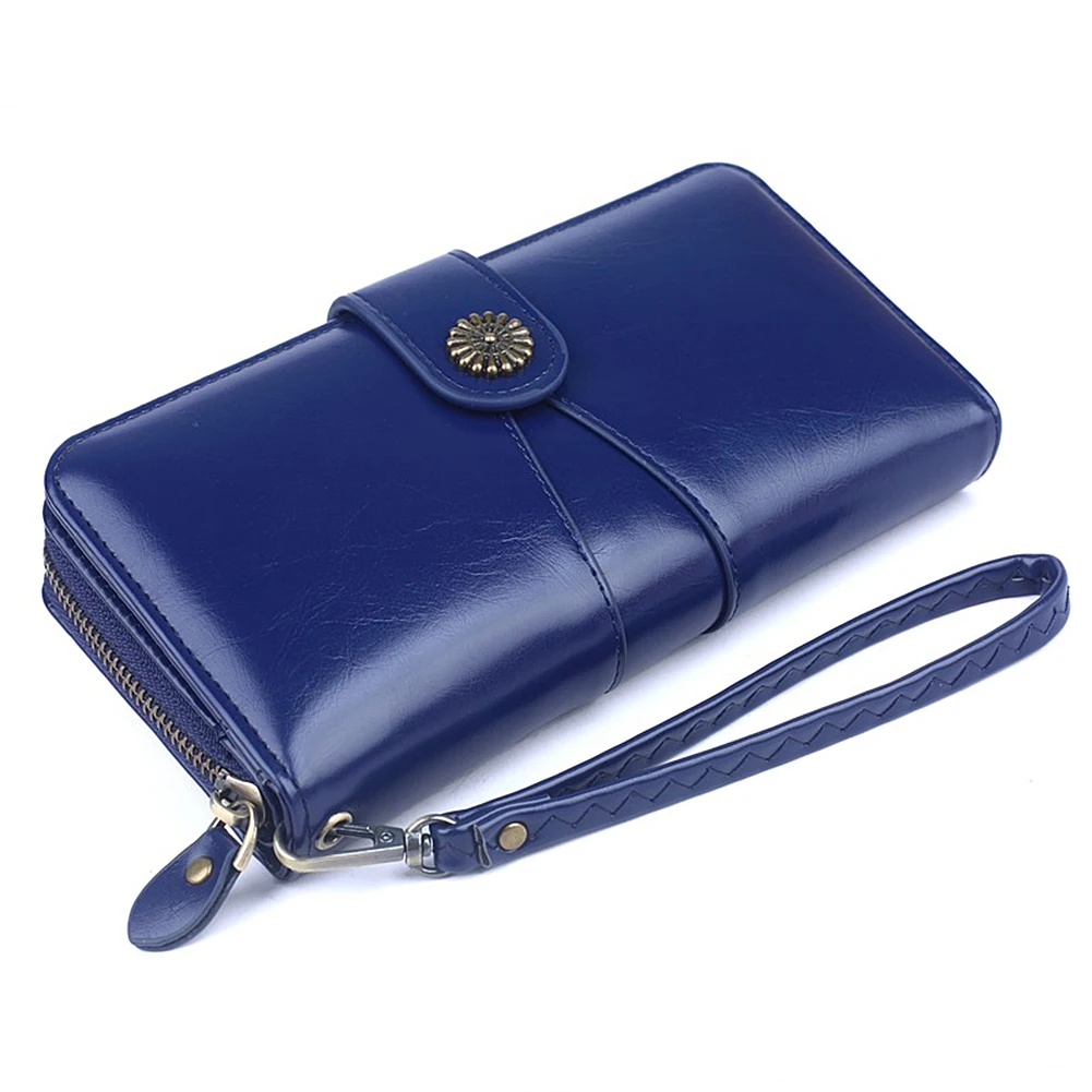 Carteras Oil Leather Long Wallet With Auspicious Flower Buckle Multi-Purpose Large Capacity Purse Women Wallet