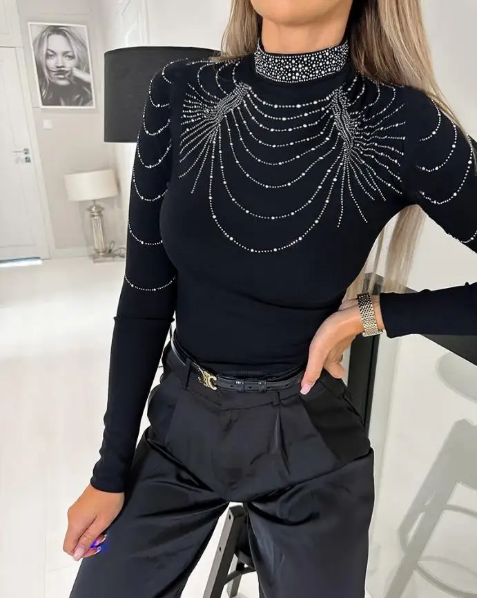 

T-Shirts Fashion Woman Blouses 2023 New Rhinestone Decor Mock Neck Top Pullover Fall Outfits Women Autumn Winter Female Clothing