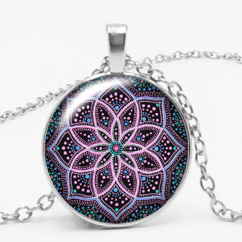 

25mm Round Pendant Necklace Goth Yoga Mandala Fashion Glamour Kaleidoscope Series Time Glass Gem Choker Jewelry