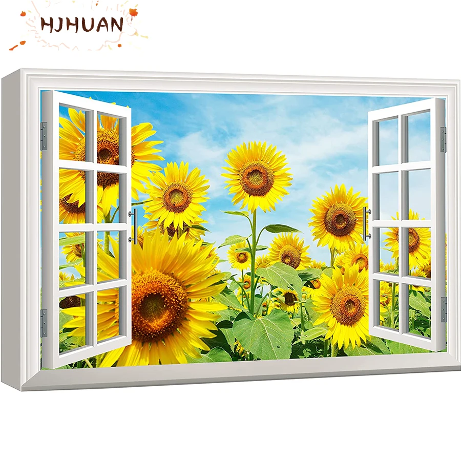 

5D DIY искусственное окно, Подсолнух море круглая алмазная живопись, вышивка крестиком, 3D Алмазная вышивка, строительный подарок