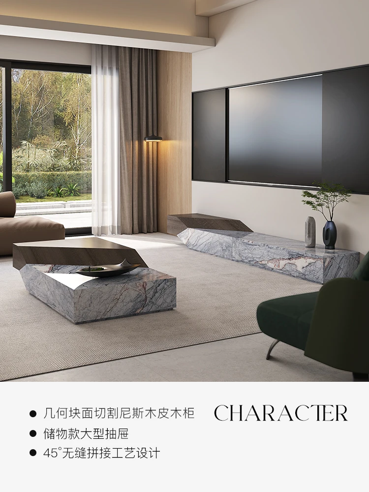 Sheshi отделка под мрамор тумба для ТВ в гонконгском стиле ореховая черная белая и