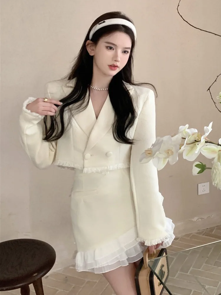 

Autumn Fashion Small Fragrance 2 Piece Sets Women Outfit Korean Sweet Chic Short Jacket Coat + High Waist Skirt Two Piece Set