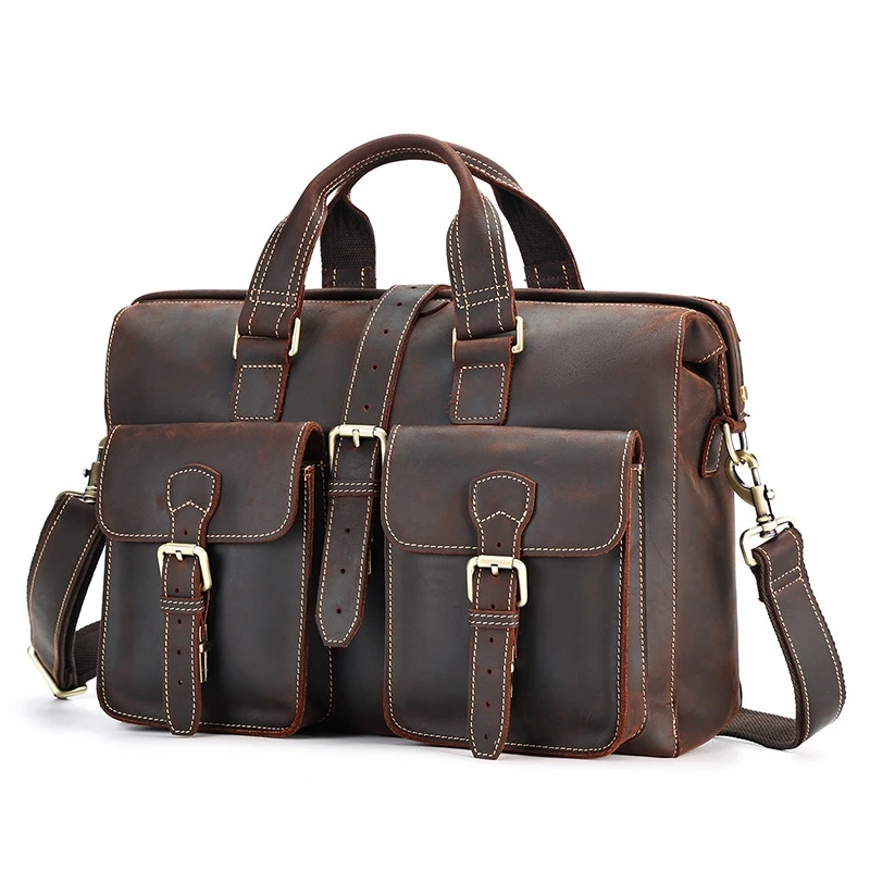 Large Capacity Men Fashion Buckle Briefcase First Layer Cowhide Computer Handbags High-end One Shoulder Crossbody Travel Bag