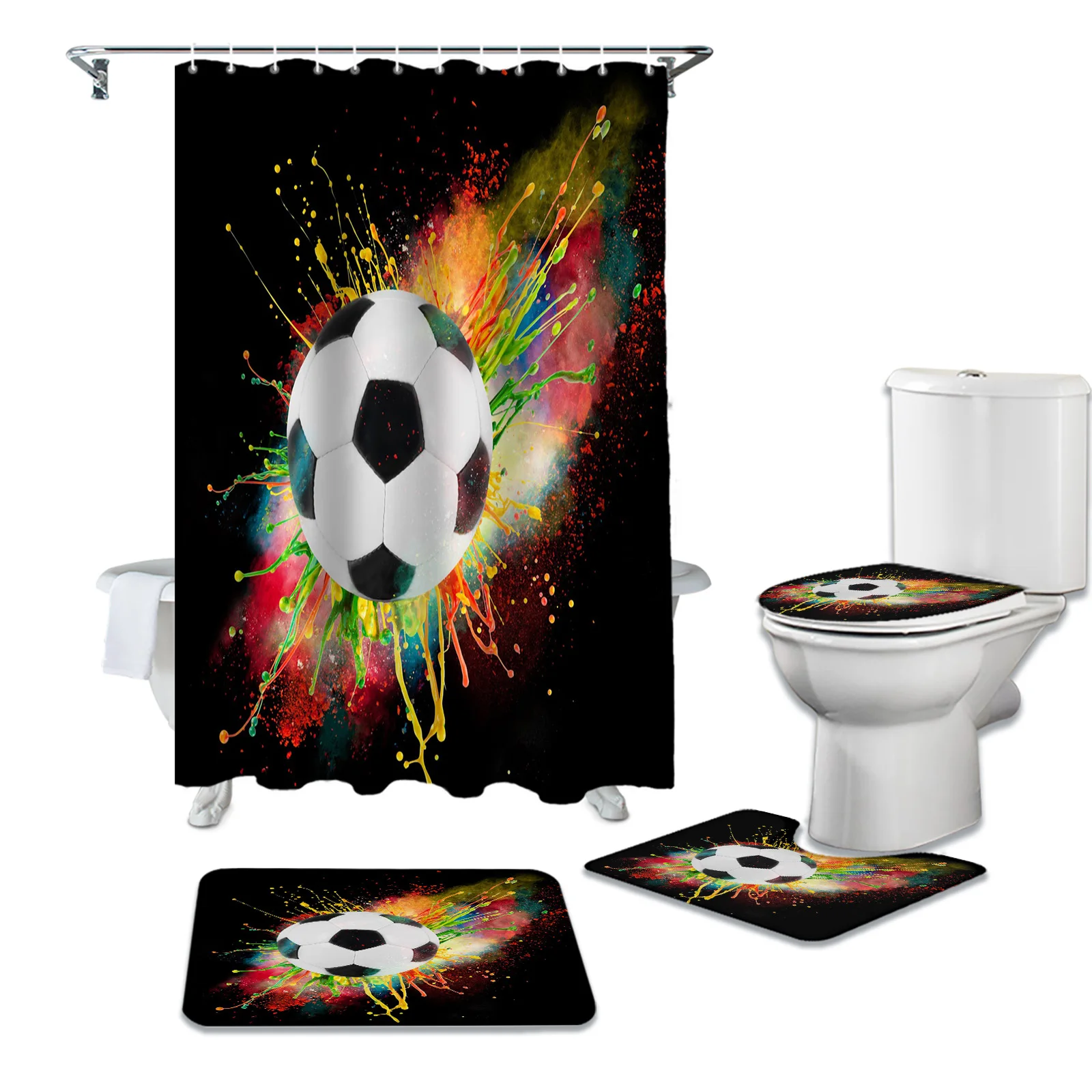 

Football Sport Soccer Splash InkPrint Shower Curtain Set Carpet Cover Toilet Cover Bathroom Mat Bathroom Household