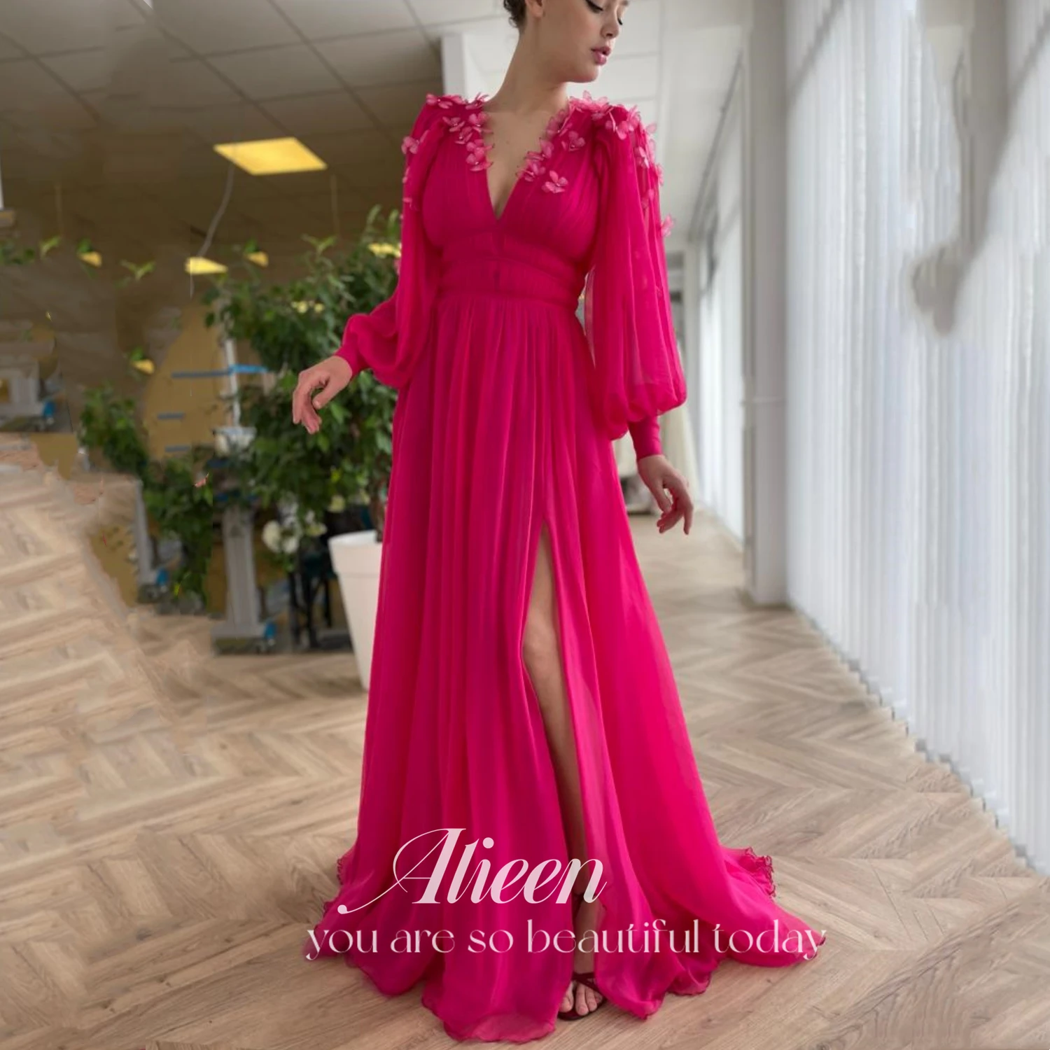 

Aileen Dresses for Women Party Wedding Evening Gown Slit Prom Dresses 2023 Puff Sleeves Chiffon Butterfly Wedding Ceremony Dress