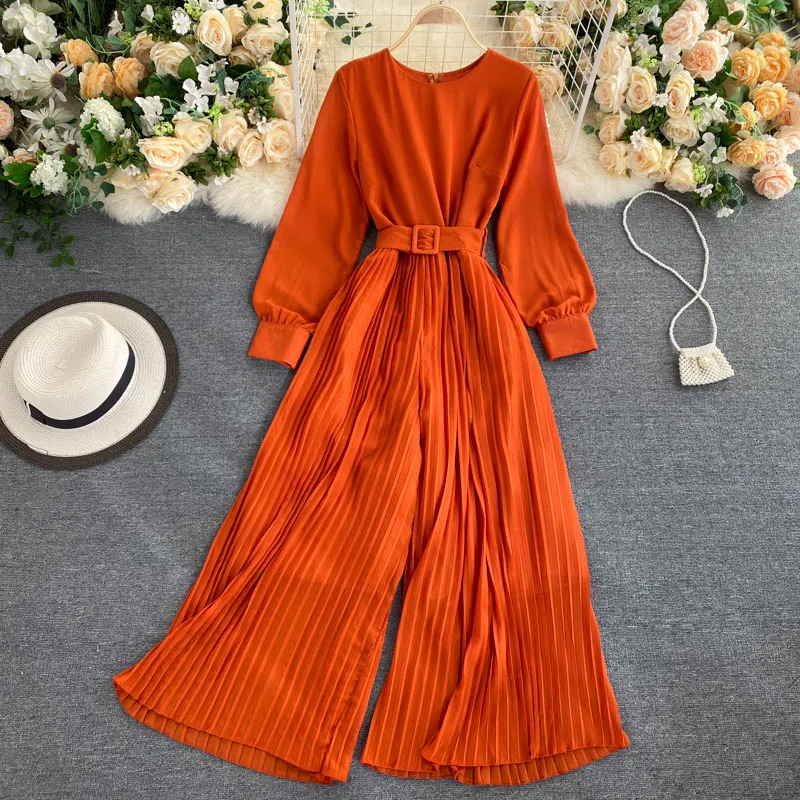 

Spring Sleeved Belted Wide-Legged Pants Jumpersuit for Women O Neck Pleated Chiffon Rompers Trousers Mustard Green