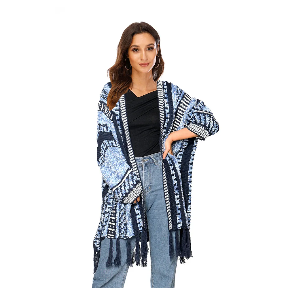 

Autumn and Winter New Women's Dress National Style Vintage Tassel Loose Long Sleeve Bohemian Style Woolen Knitted Cardigan Coat