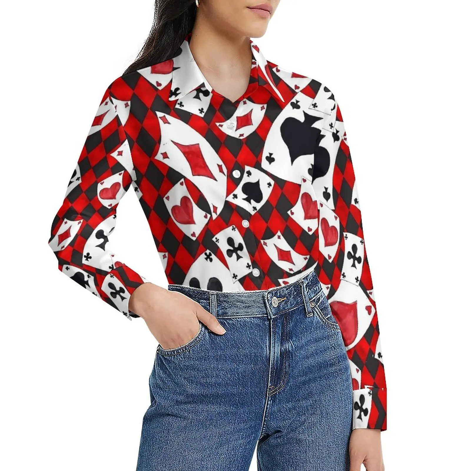 Клетчатая блузка с игральными картами блузки Kawaii длинными рукавами женская