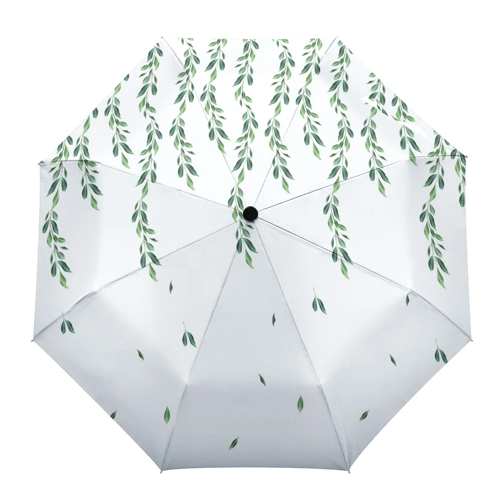 

Plant Green Leaves Automatic Umbrella Men Women Rain Windproof Outdoor Travel Sun Three Folding Umbrellas 8 Ribs Gift Parasol
