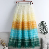 2022 spring new gradient rainbow cake puffy long skirts for women big hem elastic waist ladies party jupe feminina