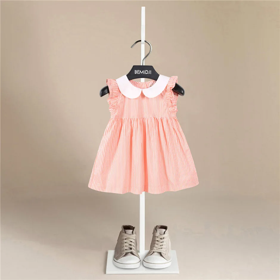 

New Summer Fashion Kids Dresses for Girls Striped Pink Doll Collar Flower Sleeve Comfortable Children Princess Dress 1-5 Year