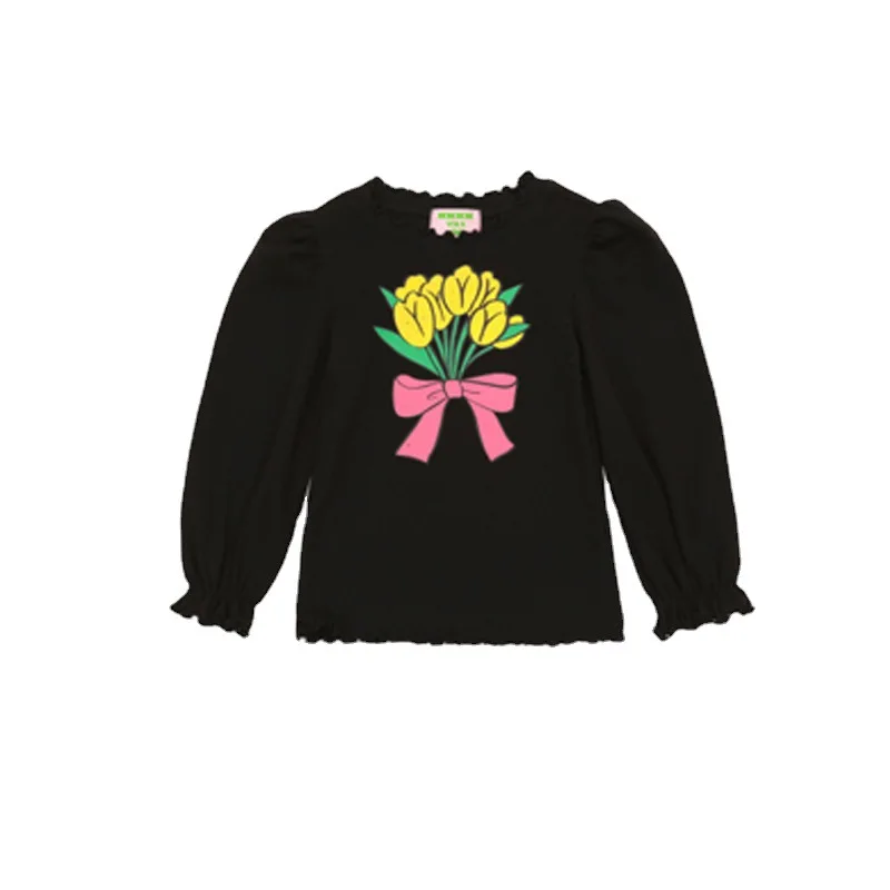 Korean Girls's Sweatshirts Pant Suit 2022 Spring Be Black Bow Cotton Bottoming Long Sleeve Shirt Set Children's Ouwear Clothings