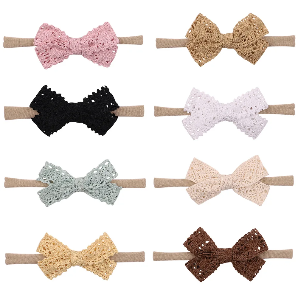 

2Pcs Retro Solid Color Lace Bows Baby Headbands Soft Newborn Elastic Thin Nylon Hair Band Turban Hair Accessories for Girl