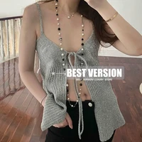 best version luxury brand knit rhinestone buckle metallic spaghetti strap deep v neck sexy blouse slim fits tank top for women