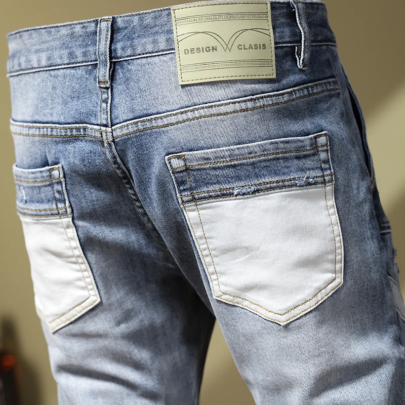 Street Fashion Men Jeans Retro Light Blue Spliced Designer Skinny Ripped Jeans Men Patchwork Hip Hop Denim Pencil Pants Hombre