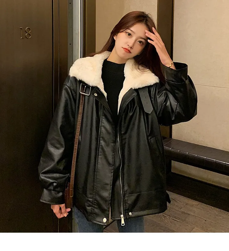 Winter Women's Thick Plush Loose Leather Coat, Fur Integrated Warm Leather Jacket In 2022  Winter Coat Women Korean Style