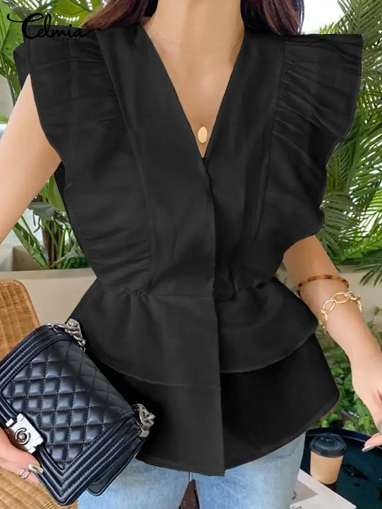 

Уличная одежда Celmia, модные рубашки с V-образным вырезом, женская блузка на шнуровке, корейские элегантные блузы без рукавов, Майки с оборками