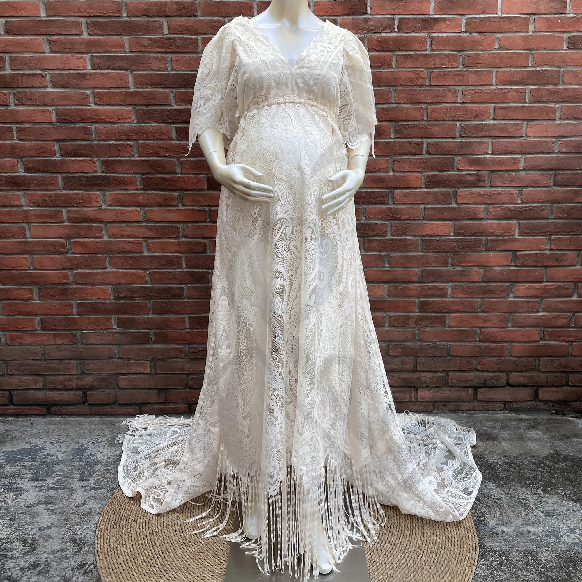 Photo Shoot Prop Maternity Dress  Pregnant Floral Lace Gown Short Sleeve Robe for Woman Photography Accessories Baby Shower Gift