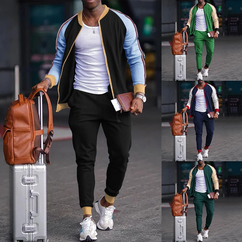 New Youth Fashion Stand Collar Zipper Cardigan Men's Retro Color Matching Casual Sports Premium Suit