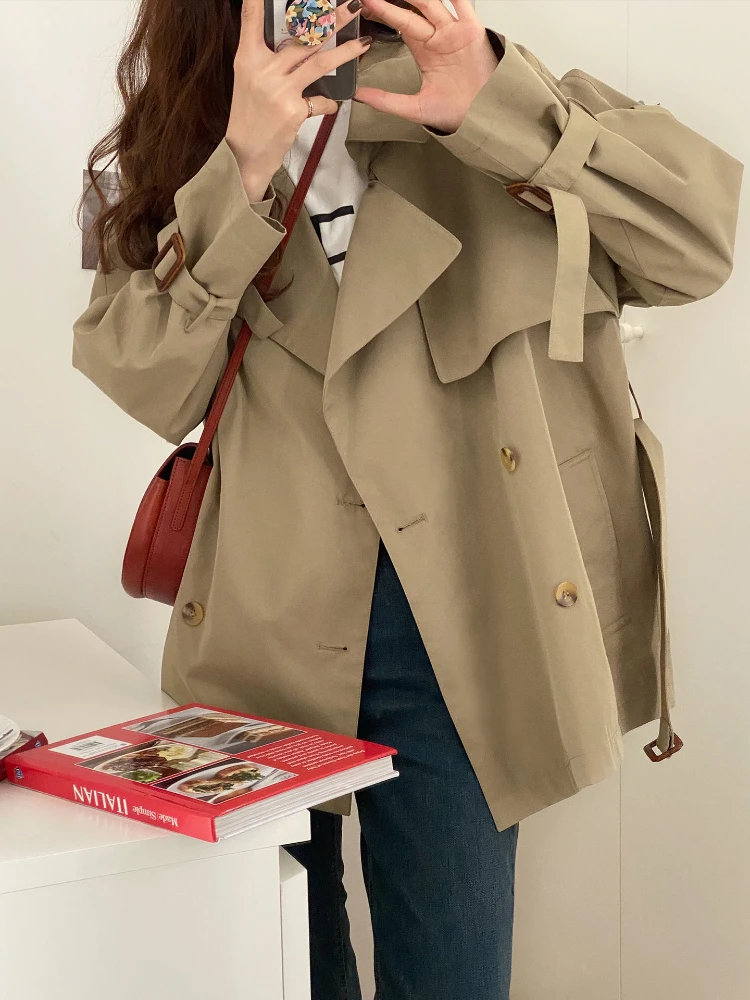 

Women Clothes Spring Autumn Short Lapel Double Breasted Woman Jacket Fashion Casual Loose Windbreaker Women Office Lady