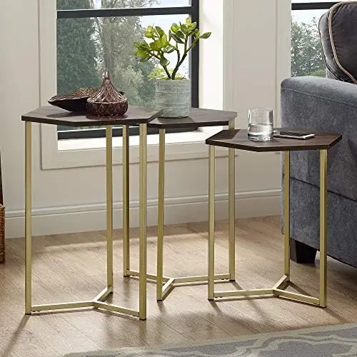 

Набор шестигранных подставных боковых концов для гостиной, маленький концевой столик, набор из 3 предметов, маленький концевой стол из темного ореха и золота, Mesas Sma