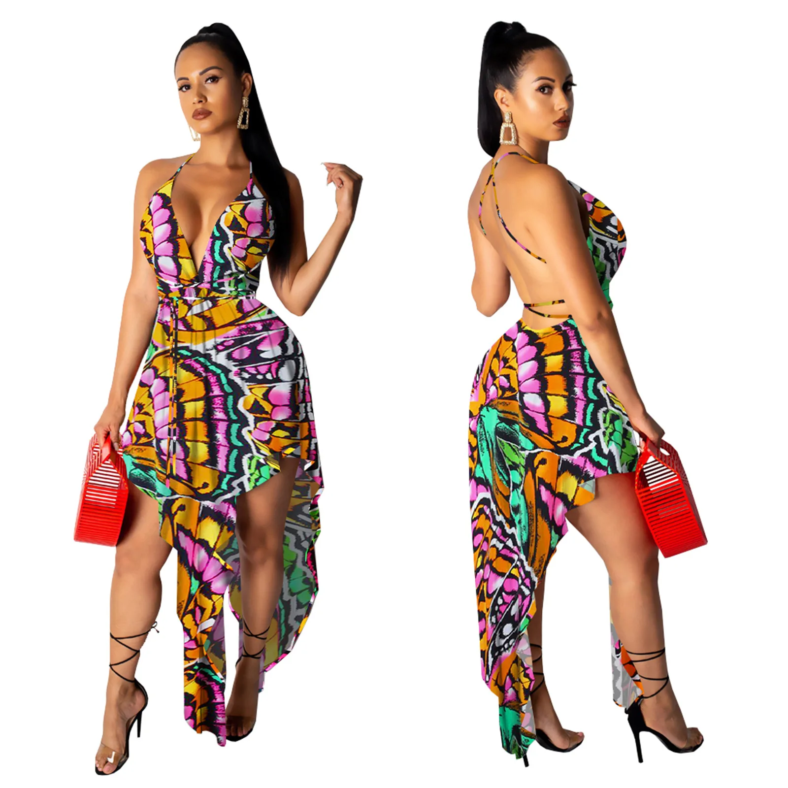 

Women Dress Summer Plus Size Fashion Casual Color Matching Printed Strapless Back Dress Women