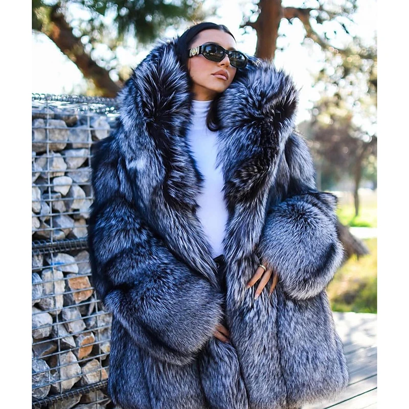 Genuine Sliver Fox Fur Coat Woemn Winter New Hooded Thicken Long Sleeve Outertwear Natural Warm Fox Fur Jackets Female