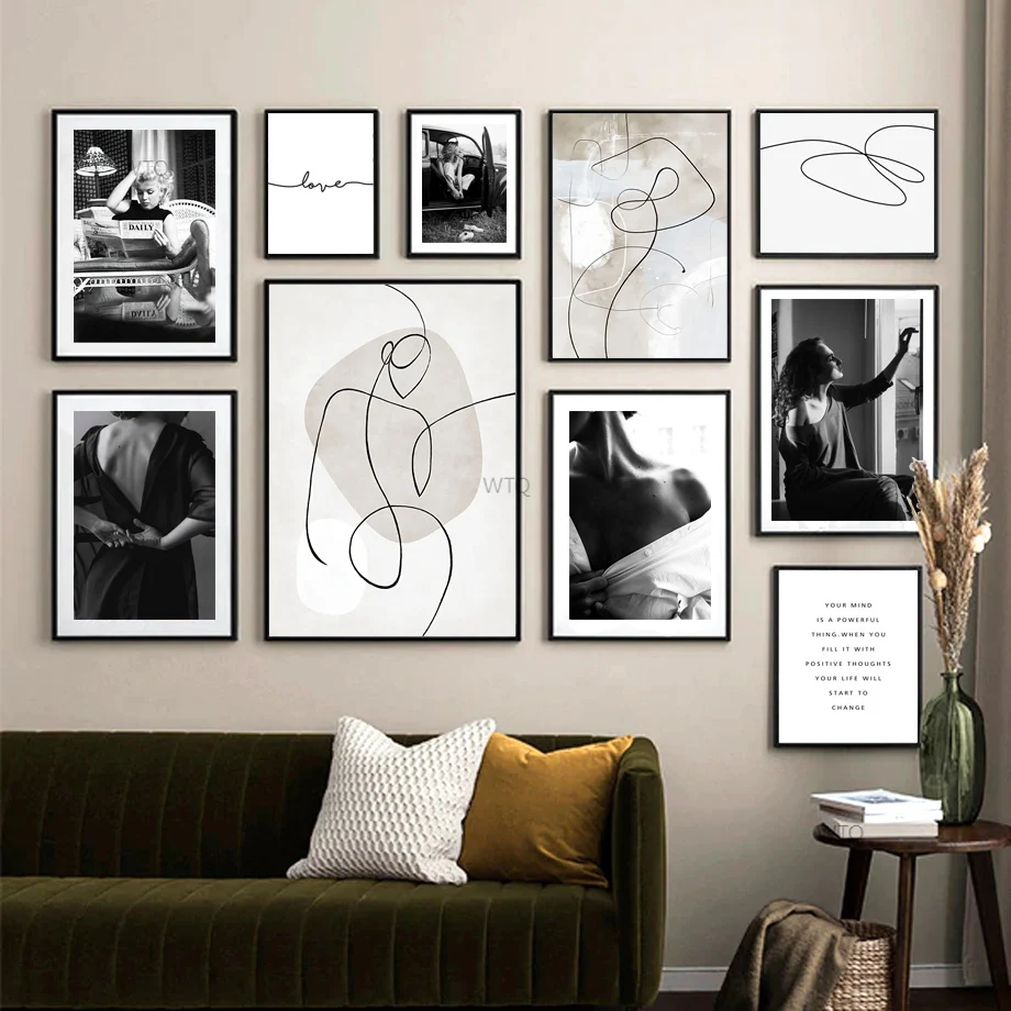 

Black And White Sexy Lady Nordic Vintage Poster line Abstract Wall Art Print Canvas Painting Wall Pictures For Living Room Decor