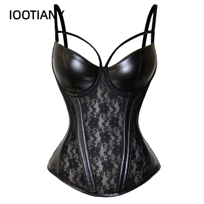 

Women's Corset Sexy Black Lace Appliques PU Leather Bustier Top Erotic Lingerie Lady Strap Push Up Gothic Corselet Plus Size