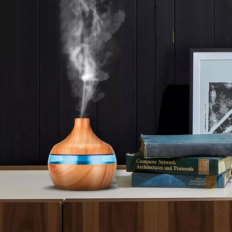 

300ML USB Air Humidifier Electric Aroma Diffuser Mist Maker Wood Grain Oil Aromatherapy Mini Have 7 LED Light Car Home Office