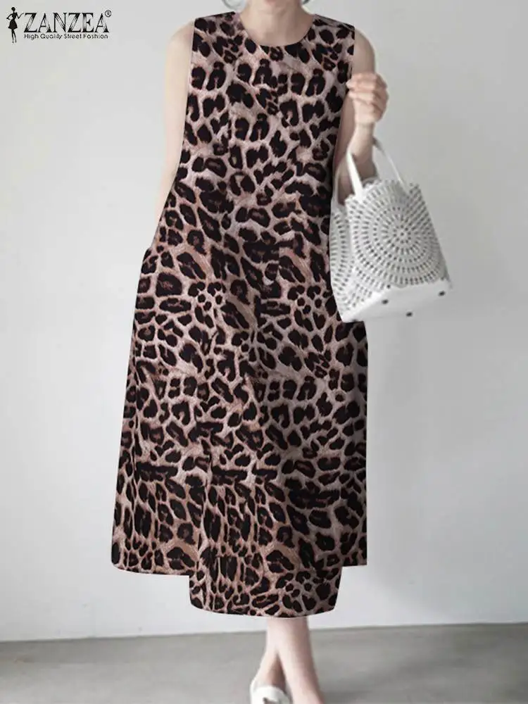 

Платье ZANZEA женское средней длины без рукавов, винтажный Повседневный длинный сарафан-трапеция с леопардовым принтом, большие размеры, лето ...