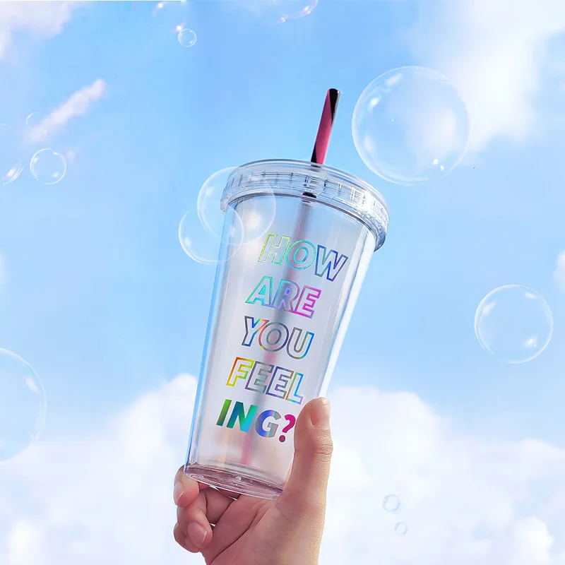 Cups with Lids and Straws reusable water bottle,bubble tea cup,coffee cup,Cute Kawaii Drinks Cups,Double-layer Food Grade