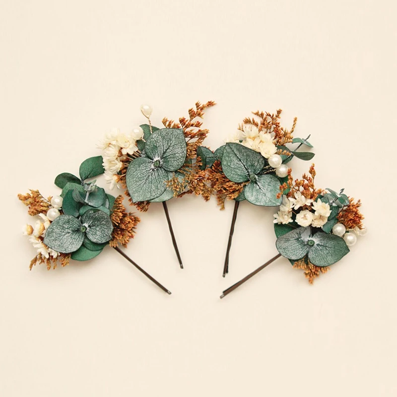 

4pcs set Green Leaf Eucalyptus Bridal Hair Pins Wedding Supplies White Pearl Dried Flower Bobby Handmade Bridesmaid Decorations