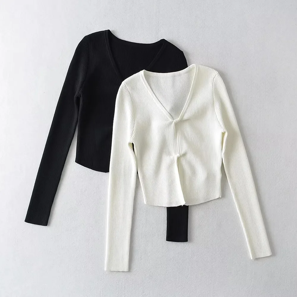 

Women OPEN TWIST Asymmetric hem V Neck Long Sleeve Knot Hollow Out Crop Sweater