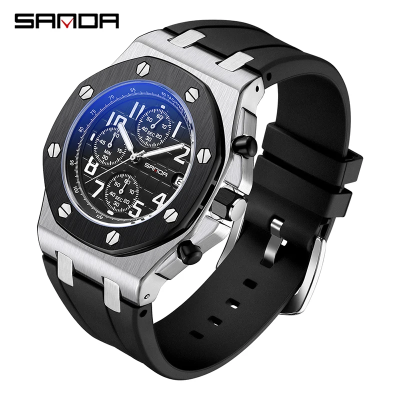 

SANDA Top Fashion Sport Timing Men's Wristwatches Leisure Multifunctional Silicone Strap Men's Date Dial 30M Waterproof Luminous