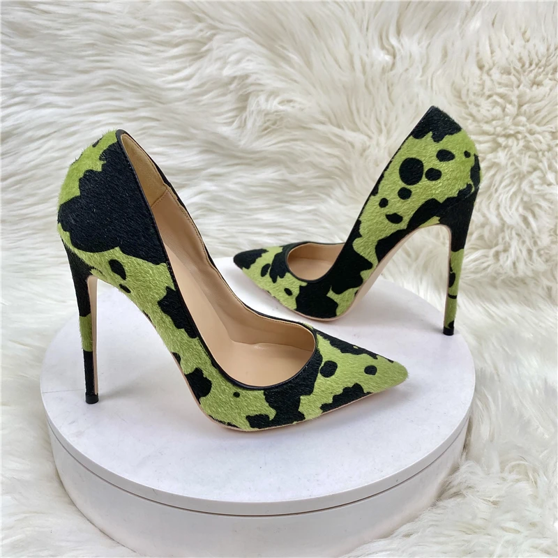 Tikicup Hairy Grafitti Pattern Women Green Pointy Toe High Heel Shoes Unique Design Sexy Slip On Stiletto Pumps Plus Size 33-45
